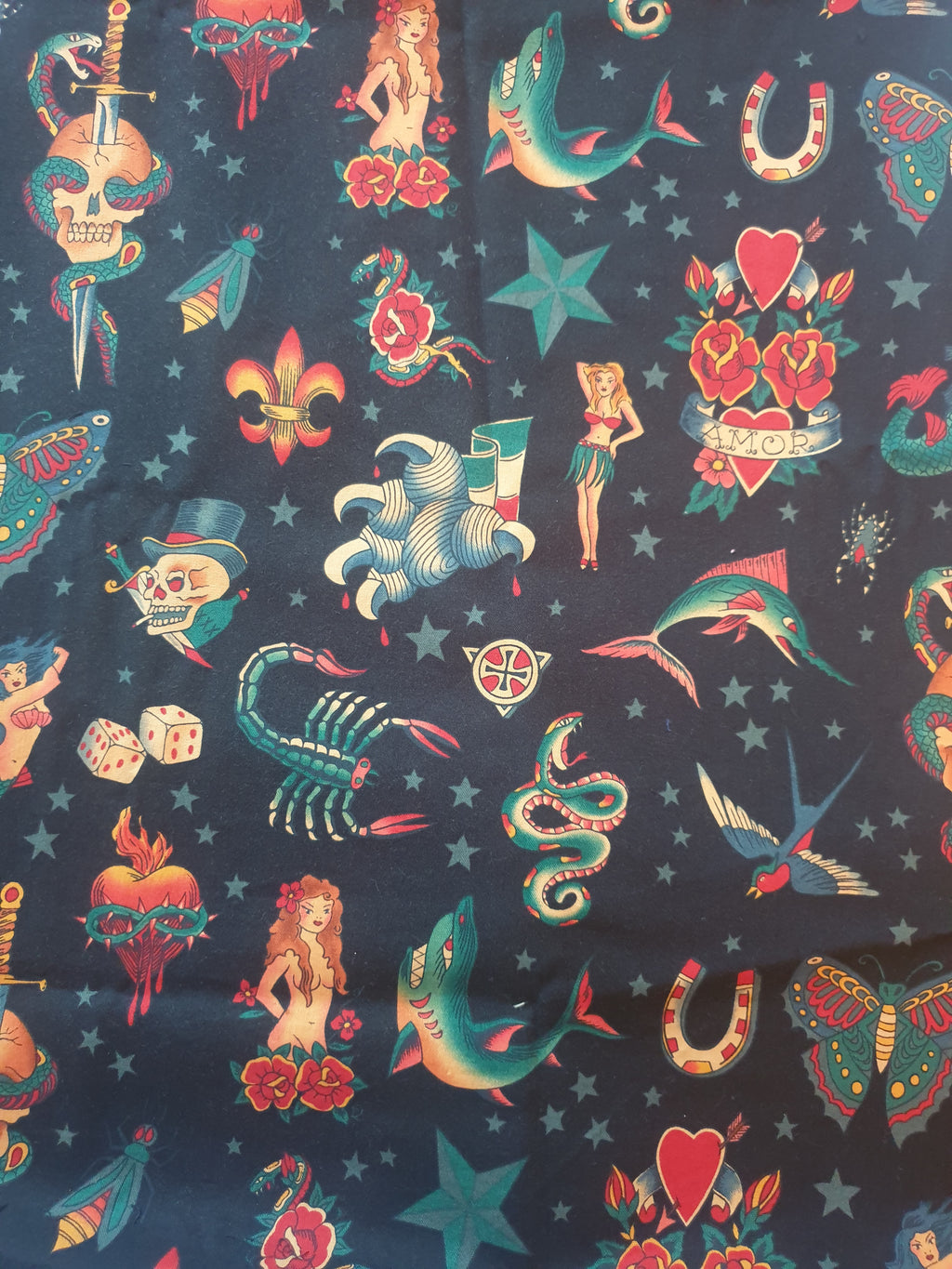 Tote bag with Alexander Henry tattoo art fabric