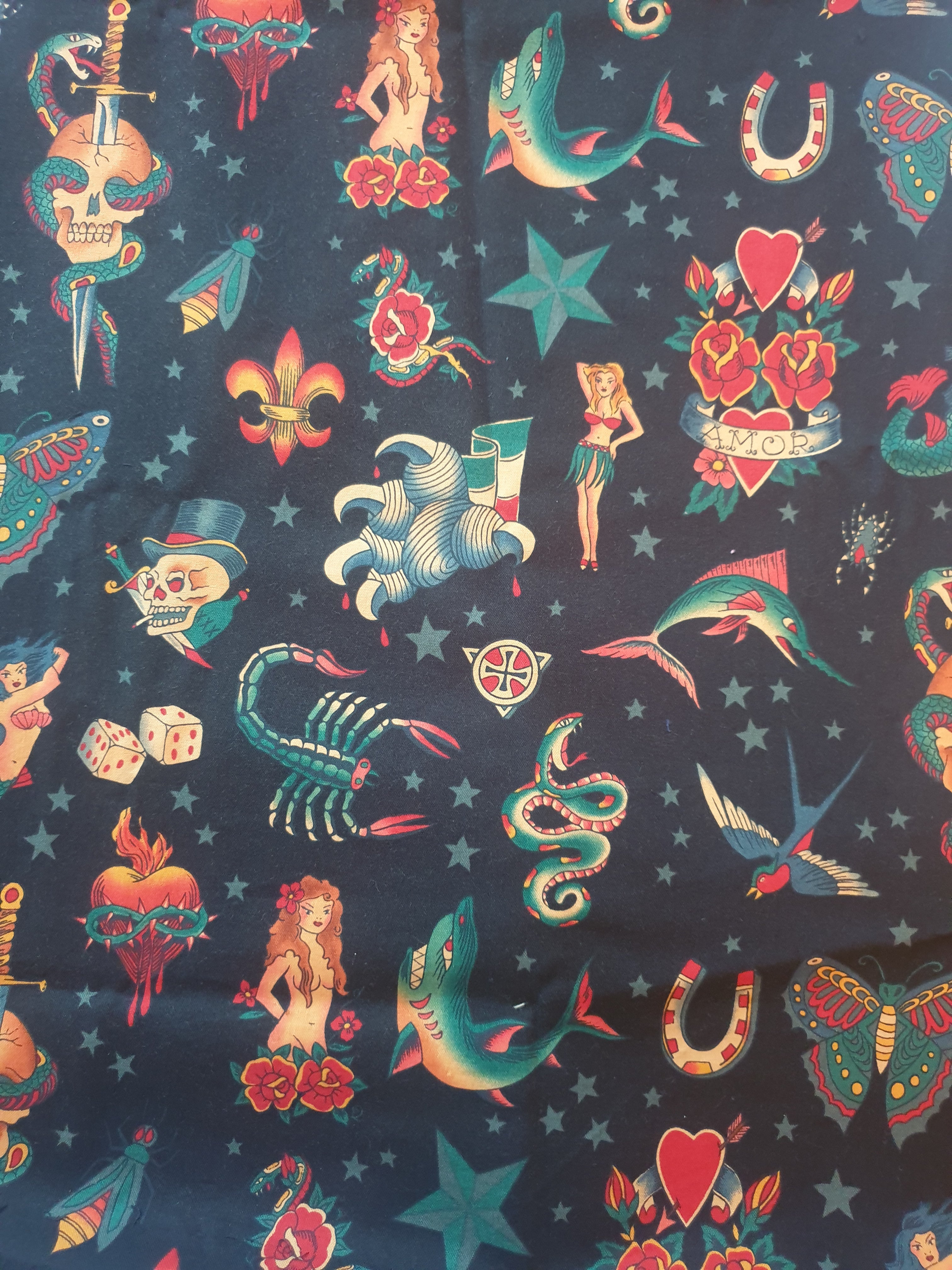 Tote bag with Alexander Henry tattoo art fabric