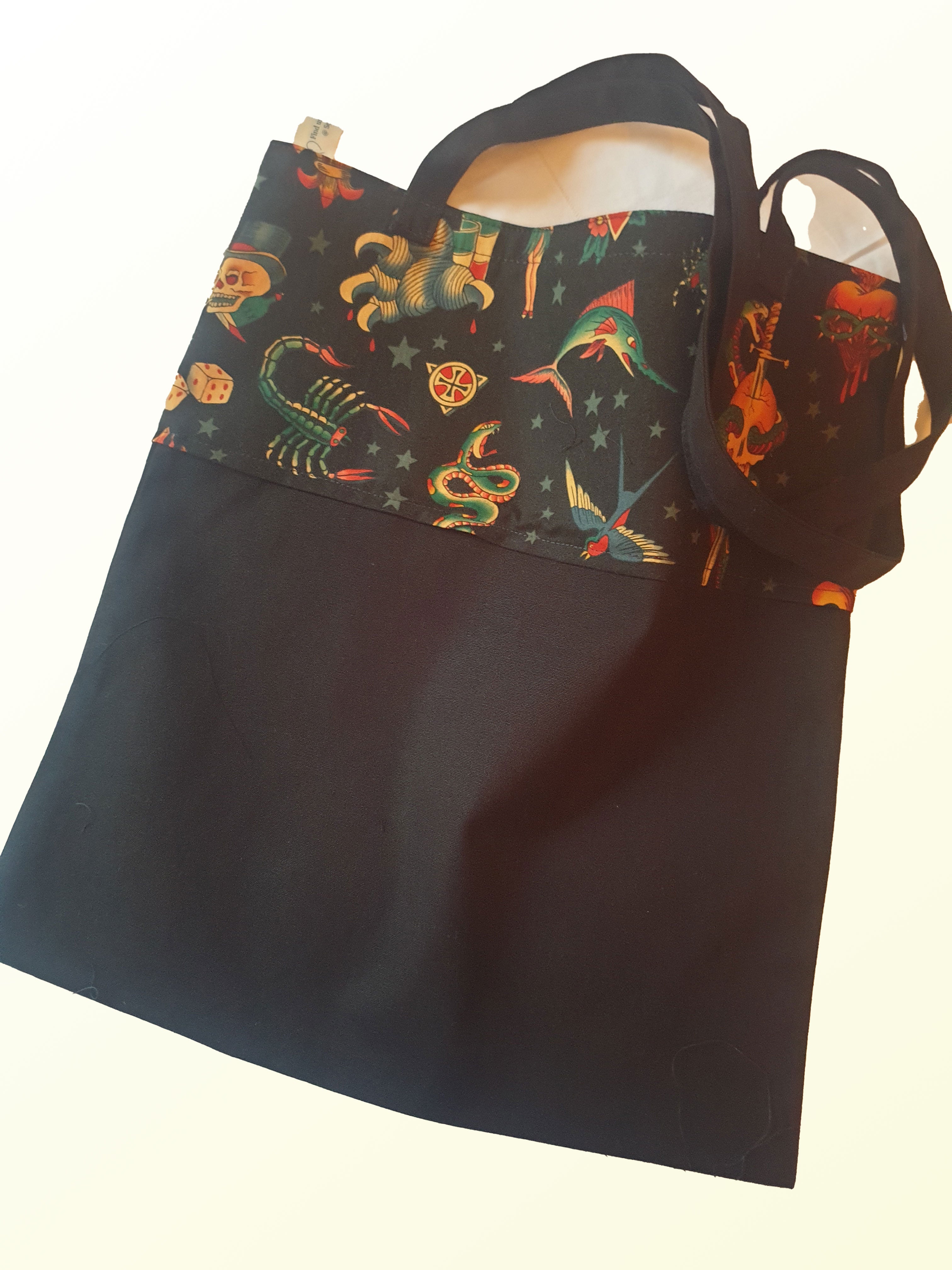 Tote bag with Alexander Henry tattoo art fabric