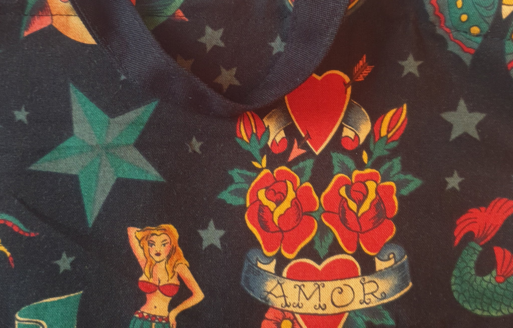 Tote bag with Alexander Henry tattoo art fabric
