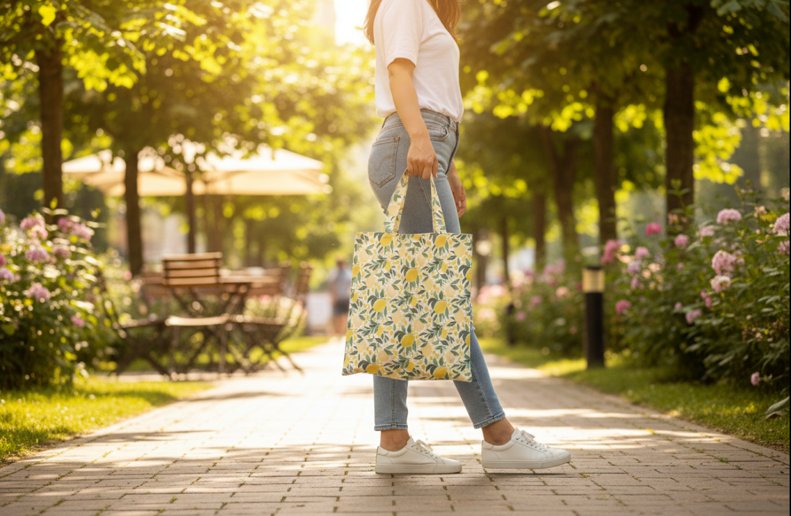 Tote Bag Lovely Lemons - lifestyle shot in sunny park