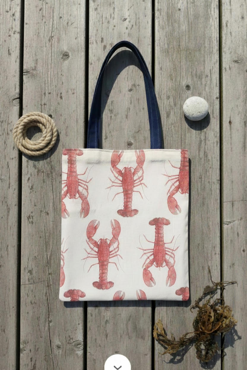 Handmade red lobster print tote bag on harbour decking with coastal props