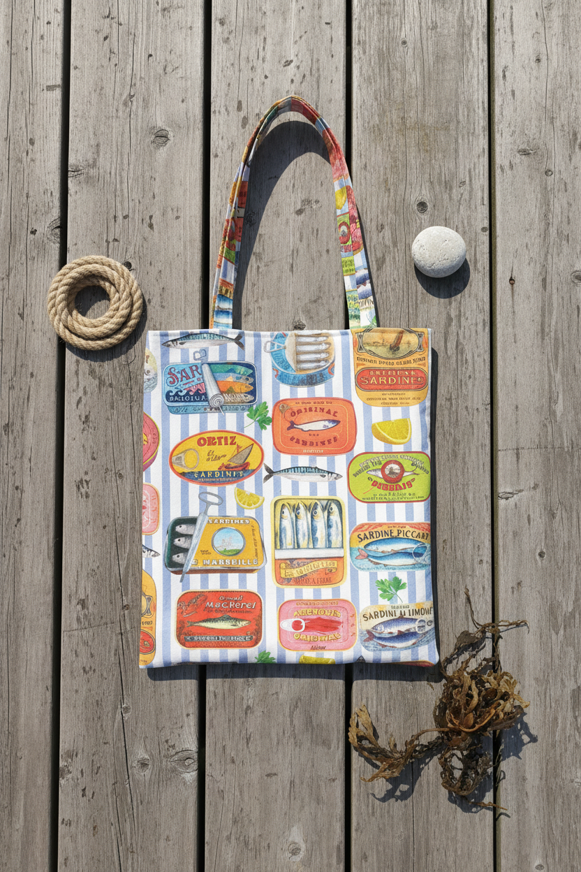 Handmade coastal shopper bag with vintage sardine tin print, lifestyle flat lay on a harbour dock with coastal props