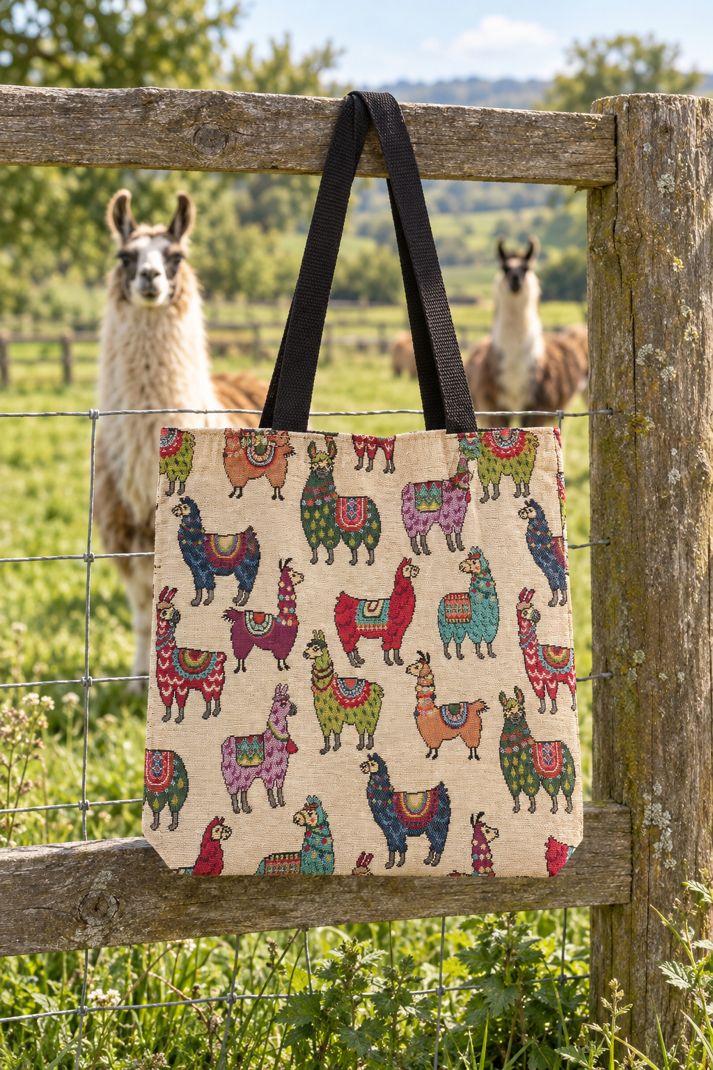 Llama tote hanging on a wooden fence at a llama farm