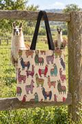 Llama tote hanging on a wooden fence at a llama farm
