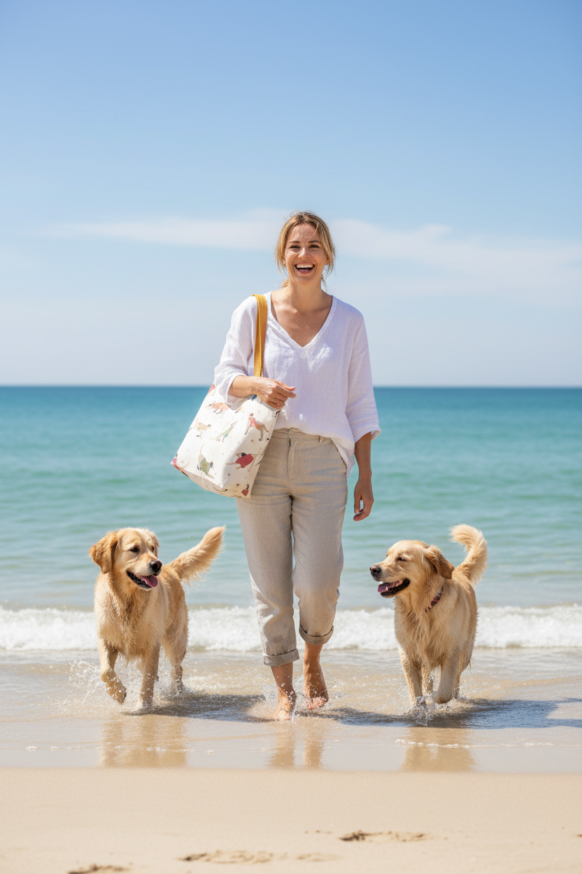 Sunny beach dog walk lifestyle