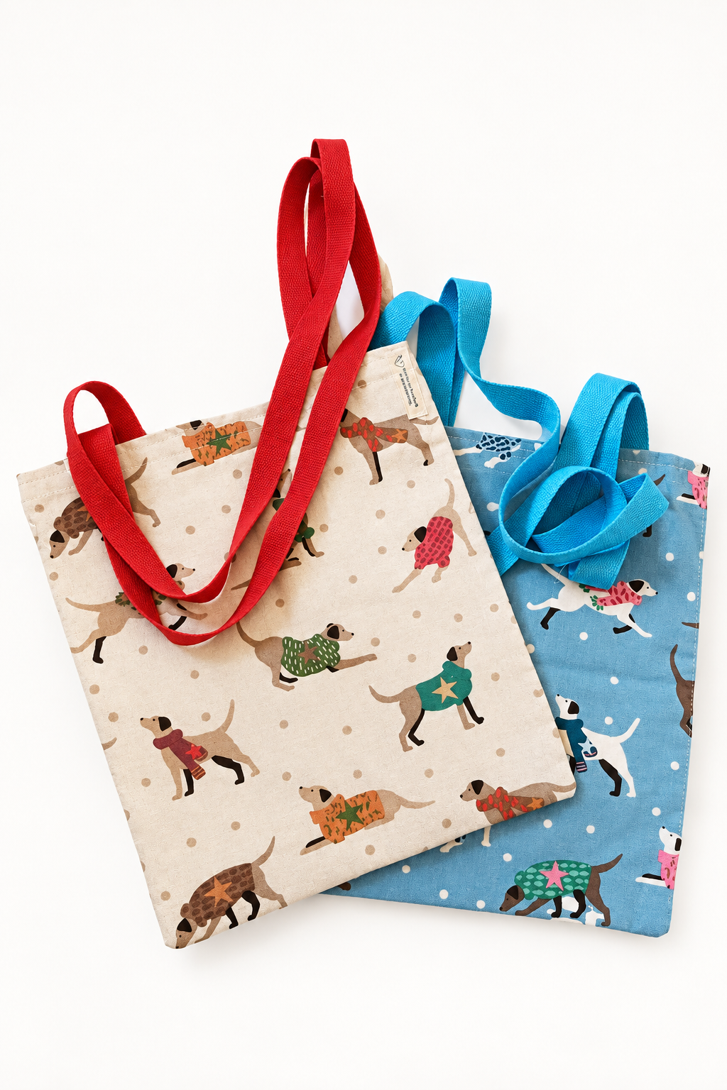Tidied photograph of two dog-print tote bags